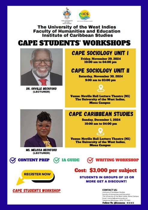 Register Now! CAPE Sociology & Caribbean Studies Workshops at UWI Mona
