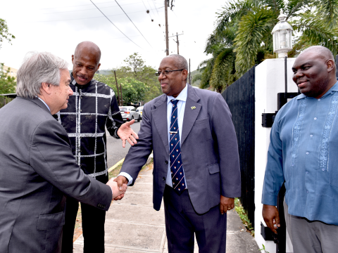 United Nations (UN) Secretary-General, His Excellency, António Guterres (left) is introduced by Professor Sir Hilary Beckles Vice Chancellor (second left) to Professor Dale Webber, Principal of the Mona Campus (second right). Dr. Donovan Stanberry, Campus Registrar (right) looks on, waiting to greet the Secretary- General.