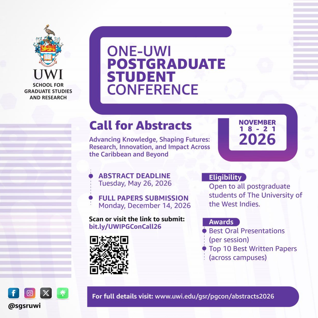 CALL FOR ABSTRACTS: ONE-UWI POSTGRADUATE STUDENT CONFERENCE 2026 